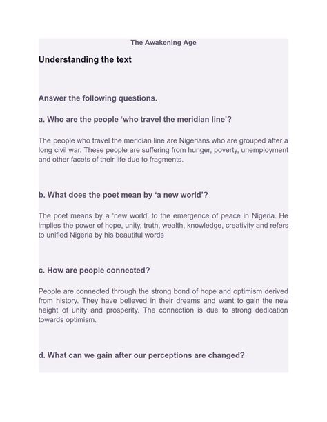 The Awakening Age Exercise : Summary and Question Answers