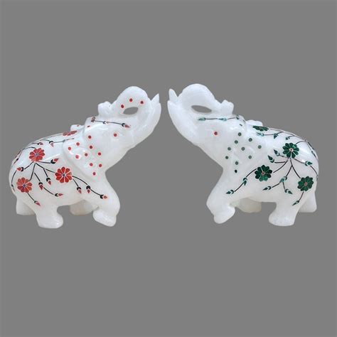 4" Handmade Alabaster Stone Inlay Work Elephant (Assorted Colours ...