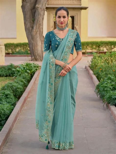 Breathtaking Powder Blue Organza Sequin Saree with Peacock Blue Blouse ...