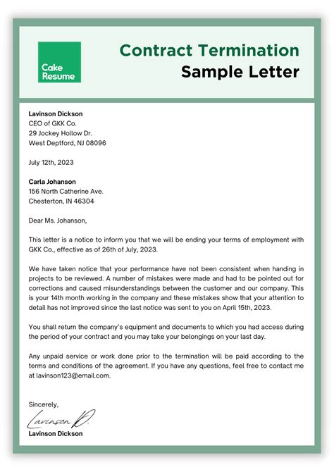 Contract Termination Letter Template Sample | Template Samples