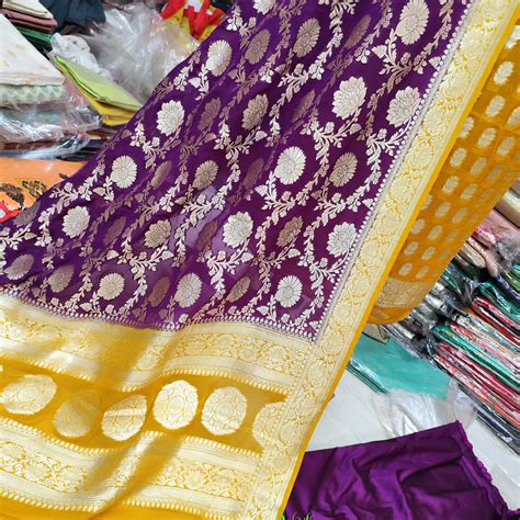 Yellow and Purple Handloom Georgette Silk Banarasi Suit – Mohsin Textiles
