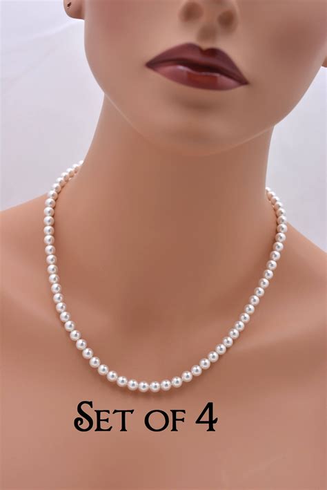 Set of 4 Pearl Necklaces, 4 Bridesmaid Necklaces, Classic Pearl Strand ...