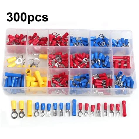 300Pcs Insulated Ring Terminals Assorted Kit Cold Press Electrical Wire ...