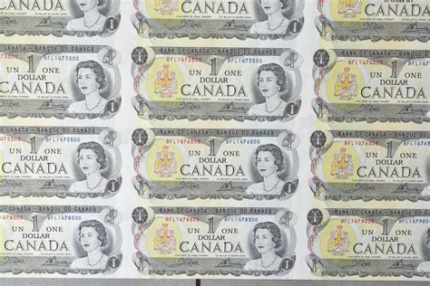 Framed uncut sheet of 40 Canadian one dollar bills