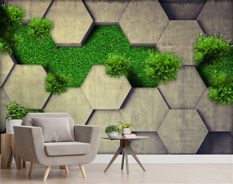 Hexagonal Geometric with Green Grass wall coverings – Myindianthings