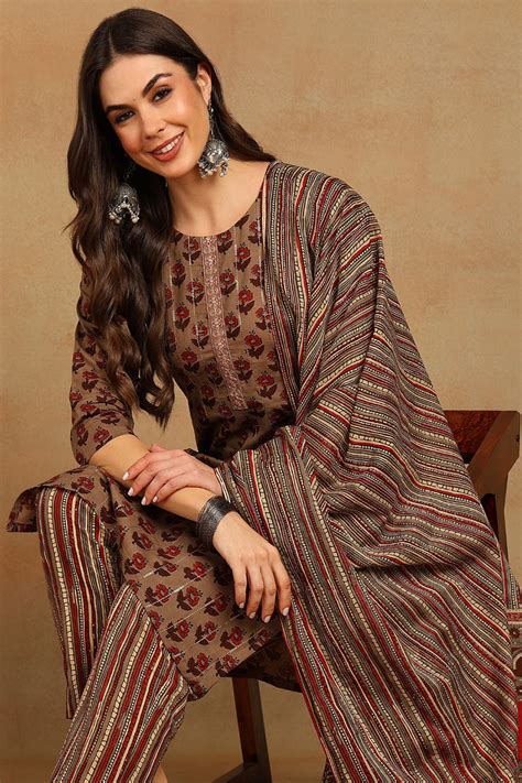 Cotton Beige Printed Straight Kurta Pant With Dupatta VKSKD1850 – Ahika