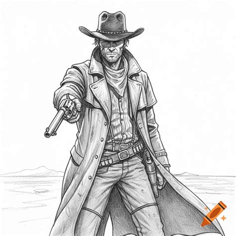 A monochrome pencil sketch illustration of a cowboy in a duster coat pointing a revolver ...
