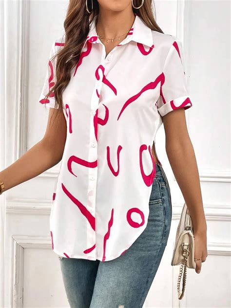 SHEIN LUNE Graphic Print Curved Hem Shirt | SHEIN USA