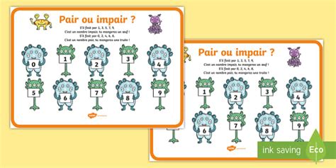 Poster d'affichage : Les nombres pairs et impairs