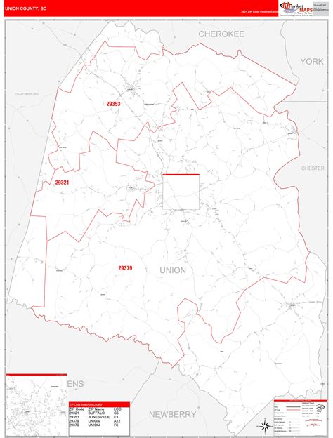 Union County, SC Zip Code Wall Map Red Line Style by MarketMAPS - MapSales