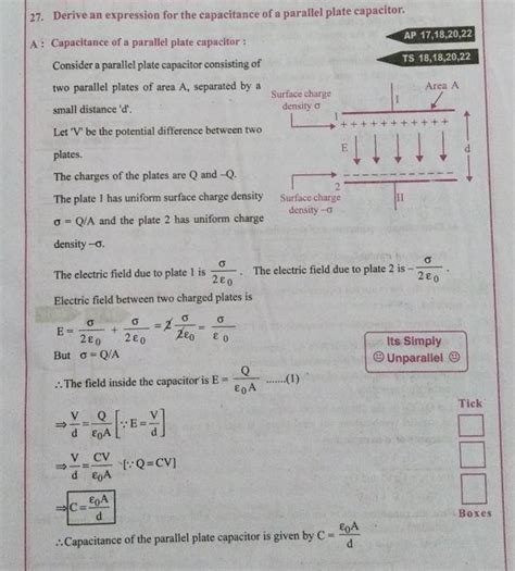 27. Derive an expression for the capacitance of a parallel plate capacito..