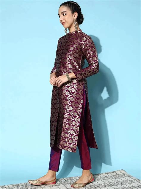 Buy Purple Woven Design Silk Blend Straight Kurta With Dupatta Online ...