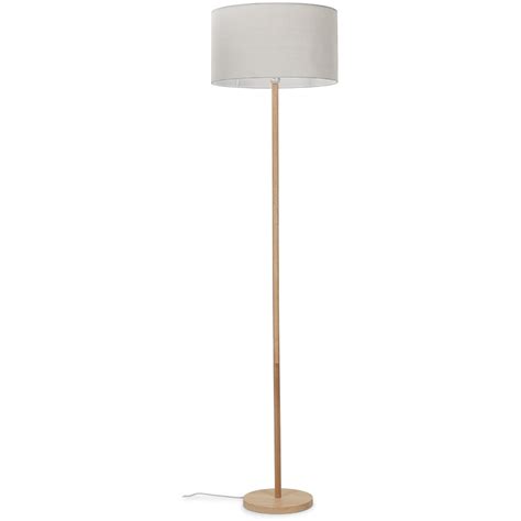 Modern Scandi Floor Lamp In Light Wooden Finish With Cool Grey Drum Shade