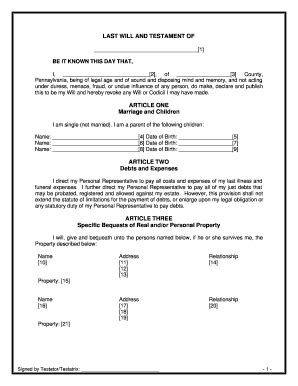 Pennsylvania Legal Last Will And Testament Form For Single Person With ...