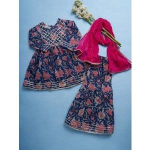 Buy Navy Blue Pink Printed Cotton Sharara Suit with Chiffon Dupatta ...