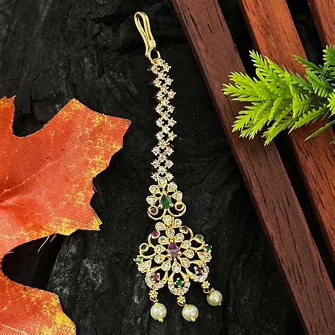 Traditional Floral Micro Gold Plated Maang Tikka with AD Stones & Pearl ...