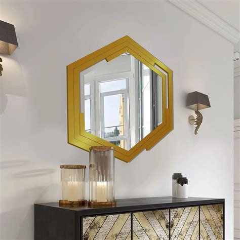 Hexagonal Shape Unique Design Wooden Wall Mirror With Gold Texture ...