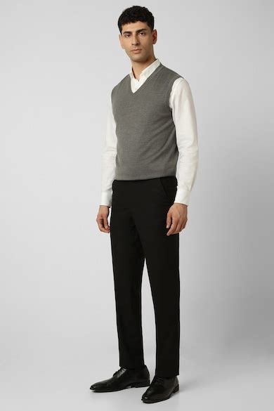 Buy Men Grey Textured V Neck Sweater Online - 39707069 | Van Heusen