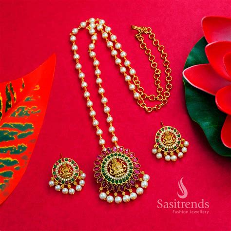 Divine Lakshmi Pendant Necklace Set: Matte Gold Plated with AD Stones ...