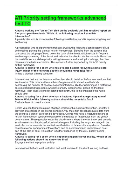 ATI Priority setting frameworks advanced test TC (Answered) 2022, With ...