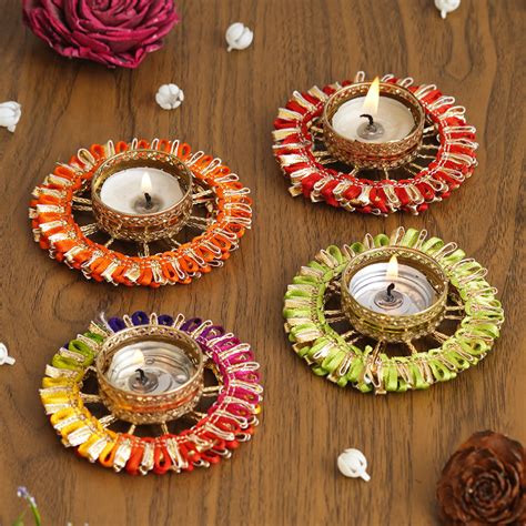eCraftIndia Set of 4 Multicolor Round Shaped Floral Decorative Tea Lig