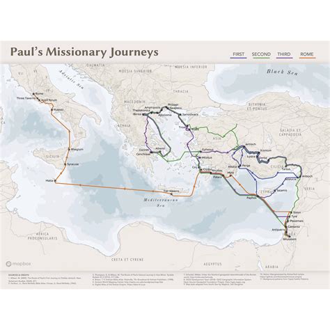 Colored map of pauls missionary journeys