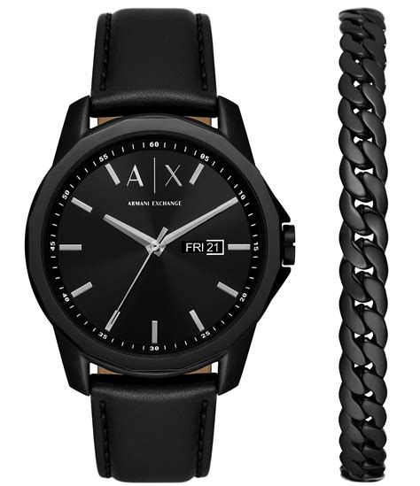 Armani Exchange Men's Three-Hand Day-Date Black Leather Watch and Black Stainless Steel Bracelet ...
