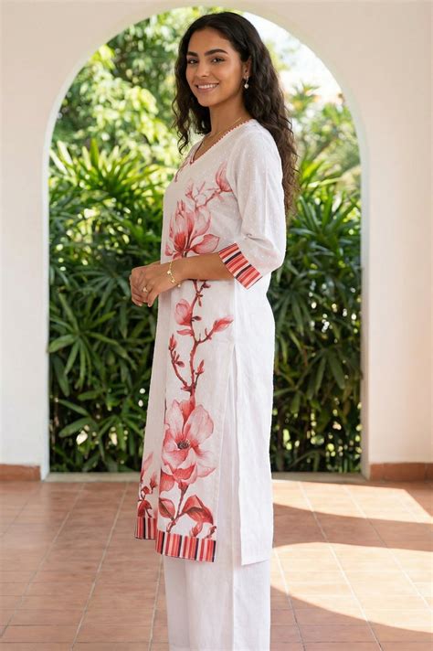 Buy White Floral Printed Thread Work Pure Cotton Straight Kurta Online ...