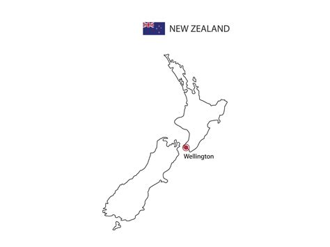 Hand draw thin black line vector of New Zealand Map with capital city Wellington on white ...
