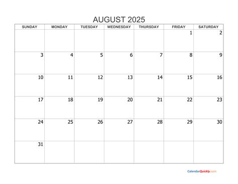 Blank August 2025 Calendar