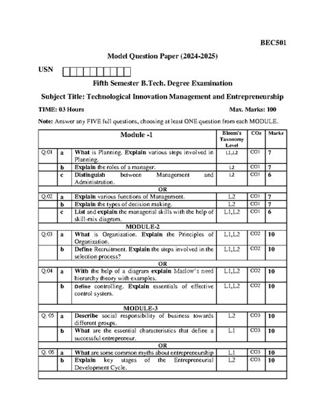 BEC501 - Model Question Paper for Technological Innovation Management ...
