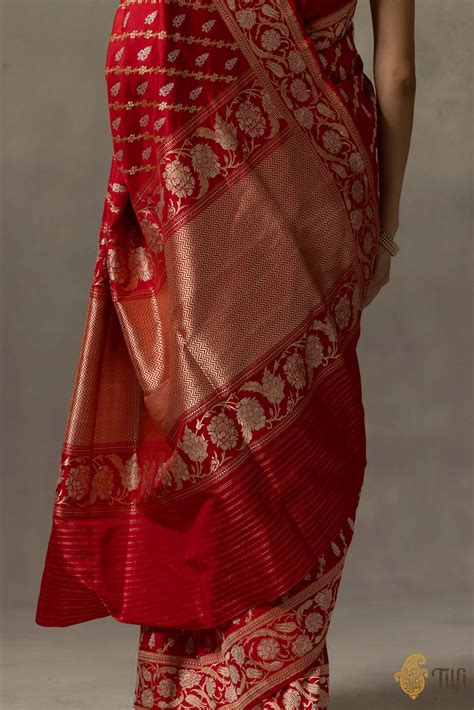 Pre-Order: Red Pure Katan Silk Banarasi Handloom Saree - Tilfi
