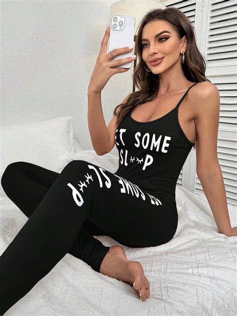 Slogan Graphic Cami Top & Leggings Lounge Set Outfit | SHEIN USA