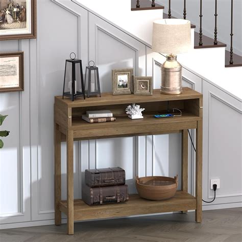 Foldable End Table with Charging Station, 38" Narrow Sofa Table ...