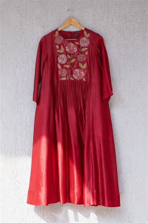 Red Silk Embroidered Dress – Tulsi Online