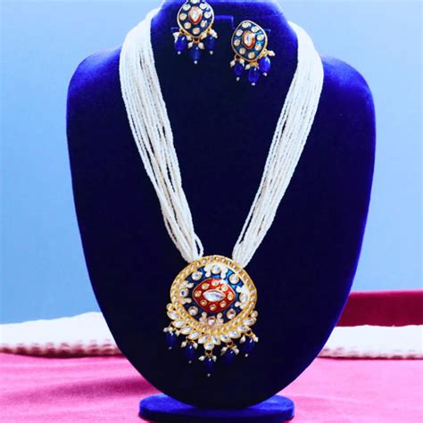 Shop layered pearl necklace with blue pendant Online