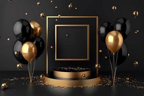 A black and gold photo of balloons and gold and gold balloons with a ...