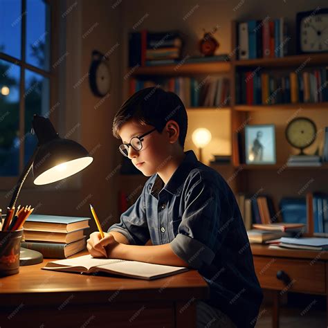 Boy studying at a table in a dark room with a lamp window and ...