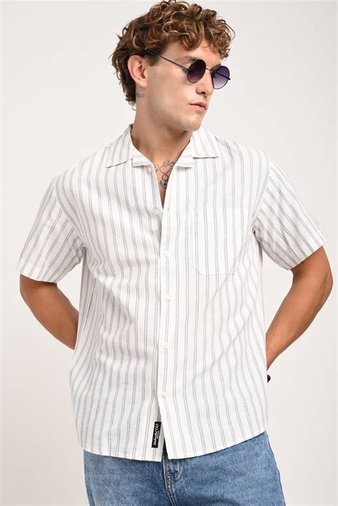 Shop White Striped Cuban Collar Shirt