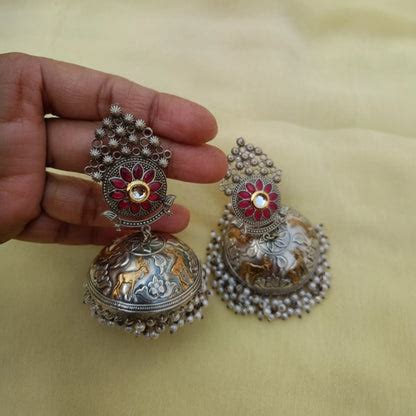 Vanika oxidized silver ruby jhumkas | Meeturstyle