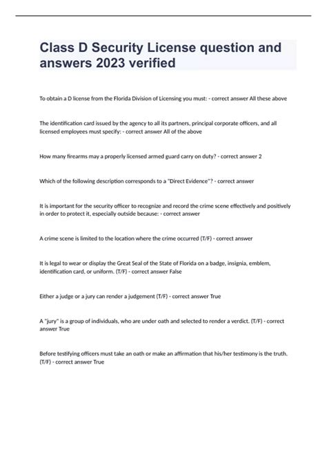 Class D Security License question and answers 2023 verified - Guard card - Stuvia US