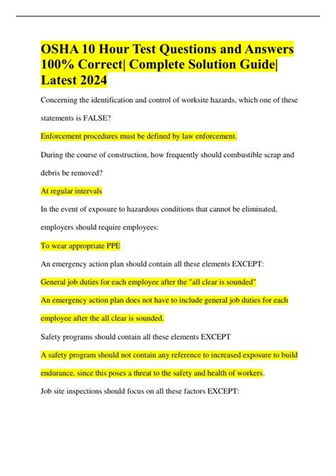 OSHA 10 Hour Test Questions and Answers 100% Correct| Complete Solution ...