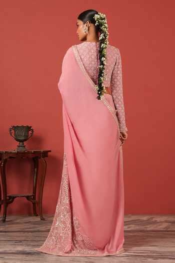 Buy Pink Georgette, Crepe Embroidery Round Neck Saree With Statement ...