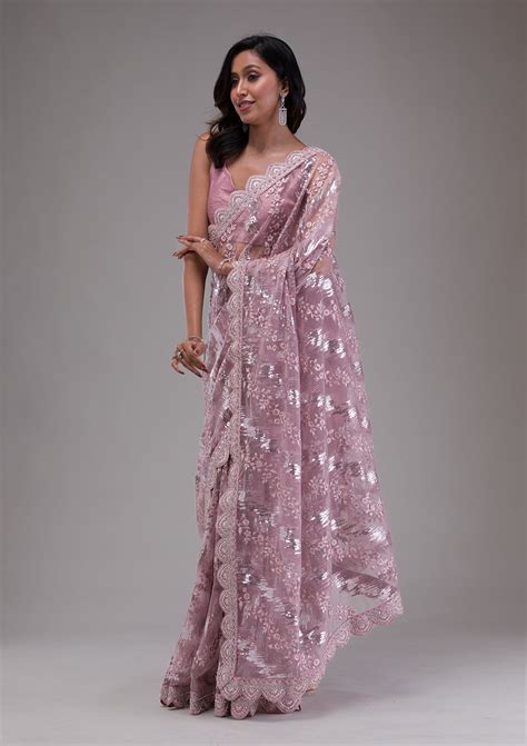 Buy Onion Pink Sequins Net Saree - Koskii