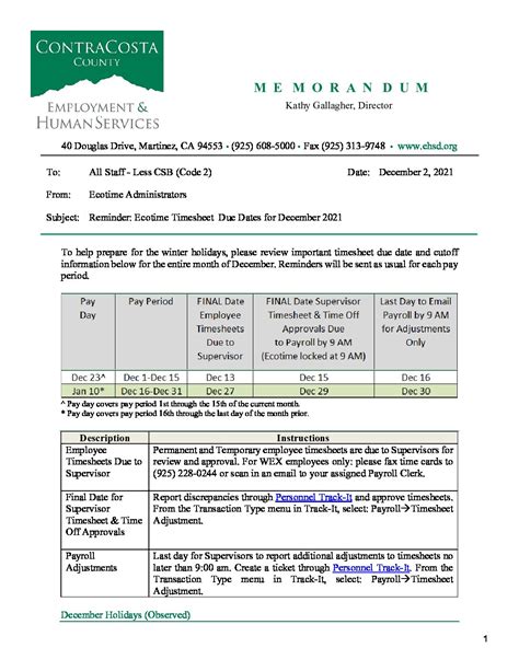Fechas de vencimiento de la hoja de horas de Ecotime para diciembre de 2021 | EHSD