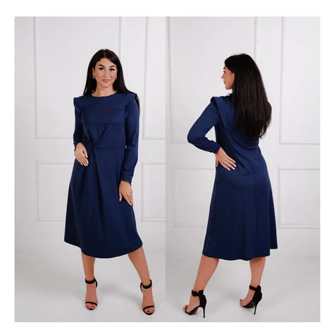 Navy Blue Dress Casual Midi Dress for Women Defined Shoulders Long ...