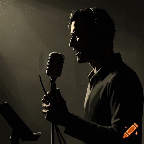 Dark noir silhouette character voice acting into microphone on Craiyon