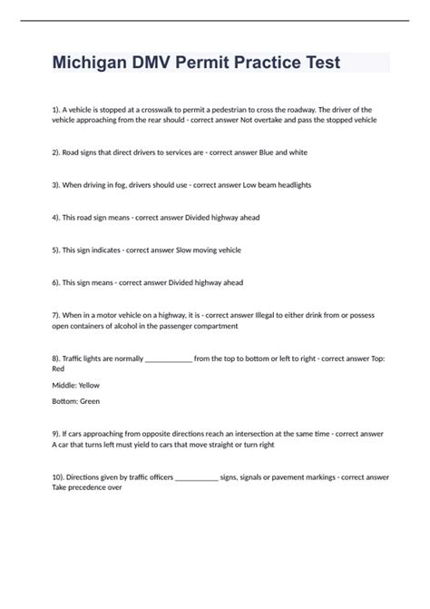 Michigan DMV Permit Practice Test question n answers rated A+ 2023/2024 ...