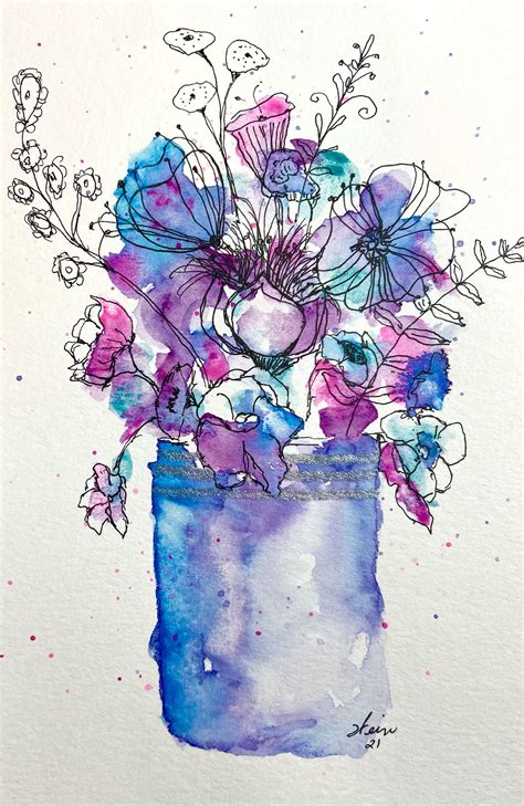 Ink and Watercolor Painting of Flowers