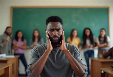 Overwhelmed teacher in a chaotic classroom with distracted students ...